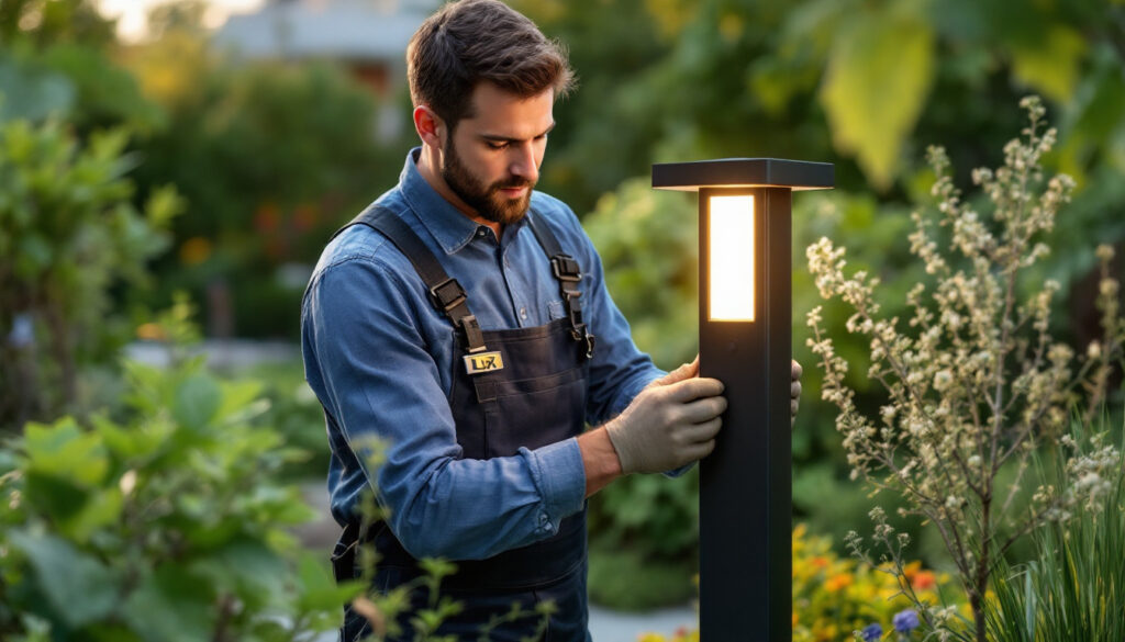 A photograph of a skilled lighting contractor installing a sleek led post light in a beautifully landscaped outdoor setting