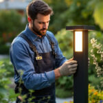 A photograph of a skilled lighting contractor installing a sleek led post light in a beautifully landscaped outdoor setting