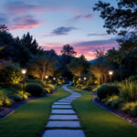 A photograph of a beautifully illuminated outdoor landscape featuring solar-powered lights