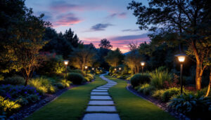 A photograph of a beautifully illuminated outdoor landscape featuring solar-powered lights