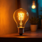 A photograph of a type b 60-watt light bulb illuminated in an aesthetically pleasing setting