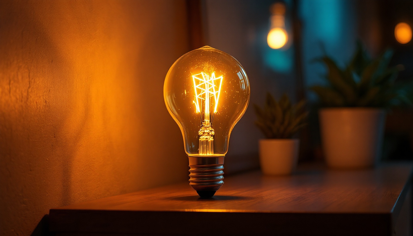 A photograph of a type b 60-watt light bulb illuminated in an aesthetically pleasing setting