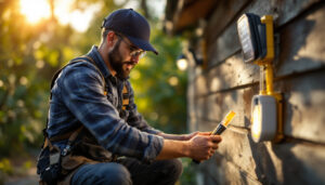 A photograph of a lighting contractor installing solar led lights in an outdoor setting