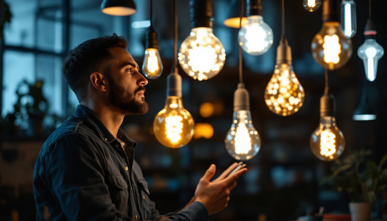 A photograph of a well-lit workspace featuring a variety of decorative led light bulbs in use