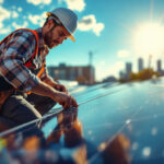 A photograph of a lighting contractor installing solar panels on a rooftop