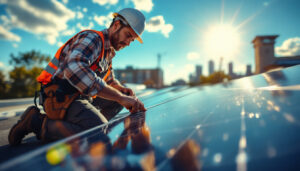 A photograph of a lighting contractor installing solar panels on a rooftop