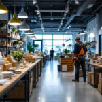 A photograph of a well-lit retail store interior showcasing various types of energy-efficient lighting fixtures being installed by a contractor