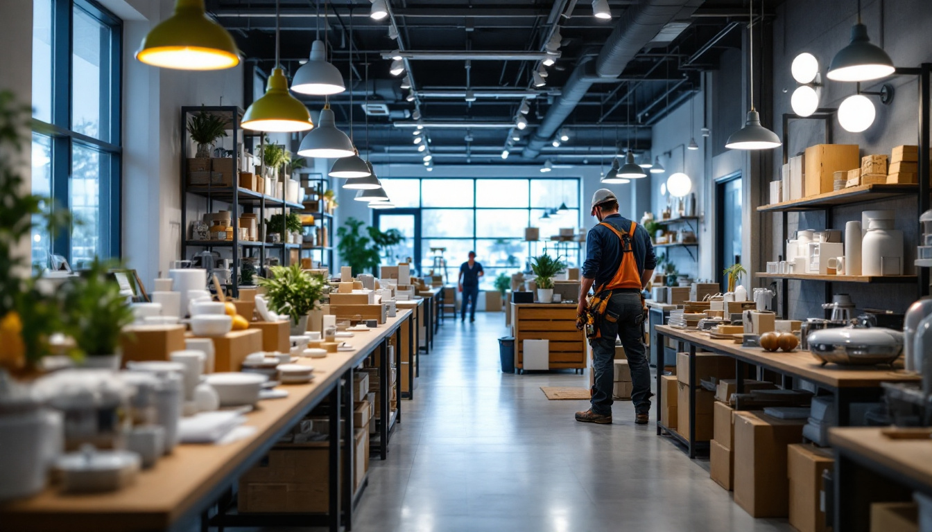 A photograph of a well-lit retail store interior showcasing various types of energy-efficient lighting fixtures being installed by a contractor
