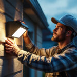 A photograph of a lighting contractor installing or adjusting an led outdoor motion sensor light in a residential or commercial setting
