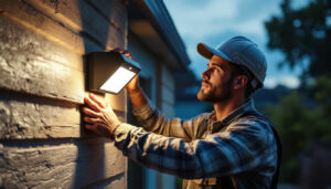 A photograph of a lighting contractor installing or adjusting an led outdoor motion sensor light in a residential or commercial setting