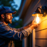 A photograph of a skilled lighting contractor installing a stylish outdoor wall-mounted light fixture on a home