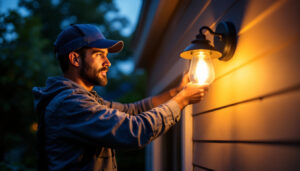 A photograph of a skilled lighting contractor installing a stylish outdoor wall-mounted light fixture on a home
