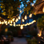 A photograph of a beautifully lit outdoor setting featuring led string lights draped across a patio or garden