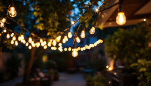 A photograph of a beautifully lit outdoor setting featuring led string lights draped across a patio or garden