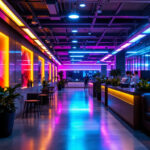 A photograph of a well-lit commercial space showcasing vibrant led lighting installations