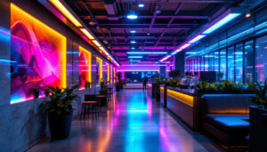 A photograph of a well-lit commercial space showcasing vibrant led lighting installations