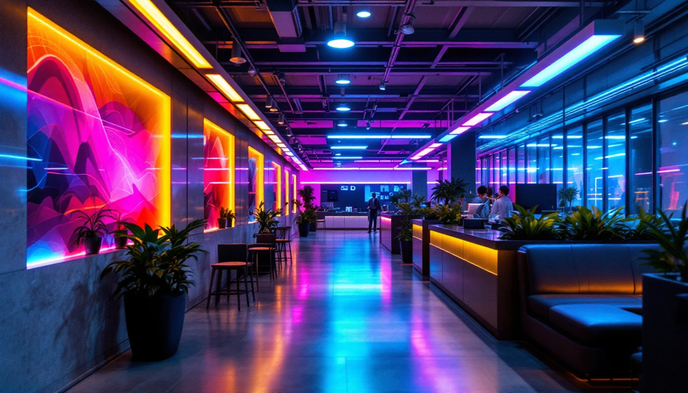 A photograph of a well-lit commercial space showcasing vibrant led lighting installations