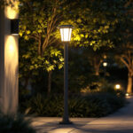A photograph of a well-lit outdoor space showcasing a solar post light in use