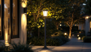 A photograph of a well-lit outdoor space showcasing a solar post light in use