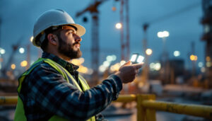 A photograph of a lighting contractor setting up or adjusting led construction lights on a job site