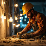 A photograph of a lighting contractor using string work lights on a job site