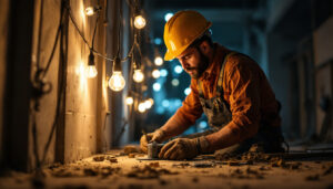 A photograph of a lighting contractor using string work lights on a job site