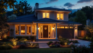 A photograph of a beautifully illuminated outdoor space featuring stylish house exterior lights that enhance the ambiance