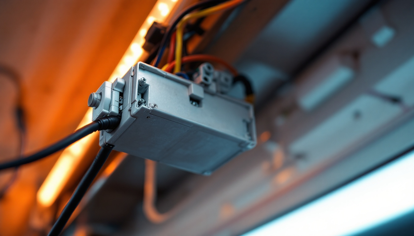 A photograph of a close-up view of a fluorescent light ballast installed in a well-lit environment