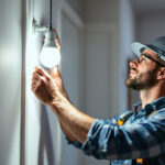 A photograph of a lighting contractor efficiently installing energy-saving led light bulbs in a residential or commercial setting
