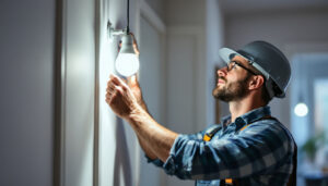 A photograph of a lighting contractor efficiently installing energy-saving led light bulbs in a residential or commercial setting