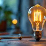A photograph of a beautifully styled decorative light bulb in an aesthetically pleasing setting
