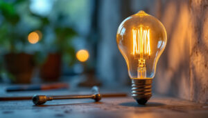 A photograph of a beautifully styled decorative light bulb in an aesthetically pleasing setting