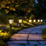 A photograph of a beautifully illuminated outdoor pathway lined with stylish solar path lights