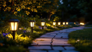 A photograph of a beautifully illuminated outdoor pathway lined with stylish solar path lights