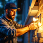 A photograph of a professional lighting contractor installing or adjusting outdoor led security lights in a residential setting during dusk