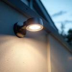 A photograph of a lighting contractor installing a security led light on a residential property