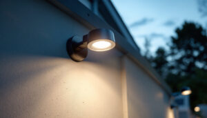 A photograph of a lighting contractor installing a security led light on a residential property