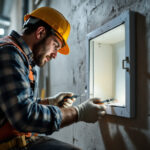 A photograph of a lighting contractor installing or inspecting an electrical cover box in a well-lit environment