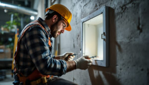 A photograph of a lighting contractor installing or inspecting an electrical cover box in a well-lit environment