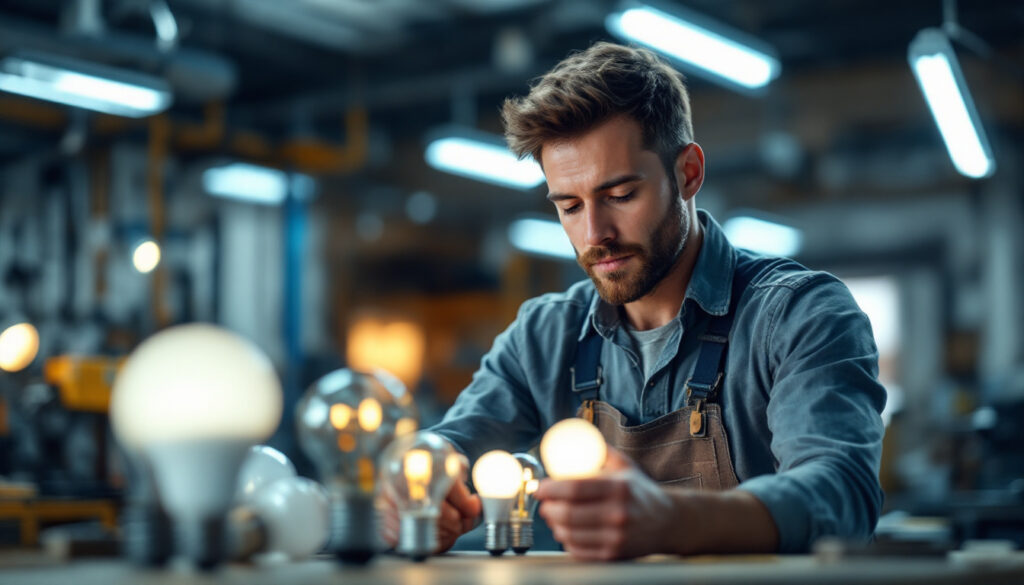 A photograph of a lighting contractor examining various type a bulbs in a well-lit workshop