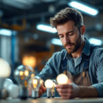 A photograph of a lighting contractor examining various type a bulbs in a well-lit workshop