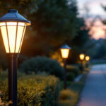 A photograph of a beautifully illuminated solar lamp post along a driveway at dusk