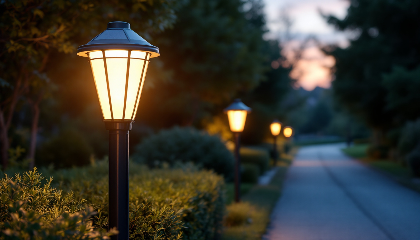 A photograph of a beautifully illuminated solar lamp post along a driveway at dusk