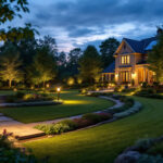 A photograph of a beautifully lit outdoor landscape at dusk