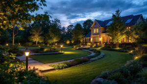 A photograph of a beautifully lit outdoor landscape at dusk