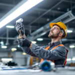 A photograph of a lighting professional installing or examining a type a led tube in a commercial setting