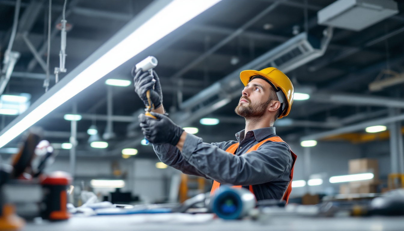 A photograph of a lighting professional installing or examining a type a led tube in a commercial setting