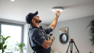 A photograph of a skilled electrician installing a recessed can light conversion kit in a modern home setting
