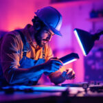 A photograph of a lighting contractor in action