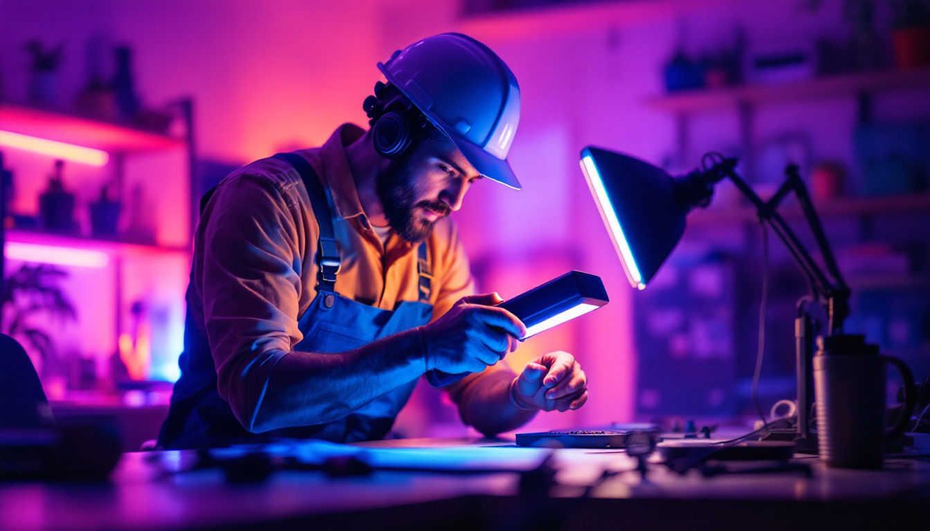 A photograph of a lighting contractor in action